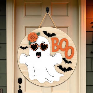 Halloween Door Hanger | Boo Ghost Sign with Heart Sunglasses and Bats | Cute Round Wooden Decor | Fall Porch Sign for Spooky Season
