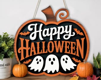 Happy Halloween Ghost Door Sign | Spooky Pumpkin Shaped Halloween Decor | Layered Wood Halloween Porch Hanger | Ghost Bat Welcome Sign