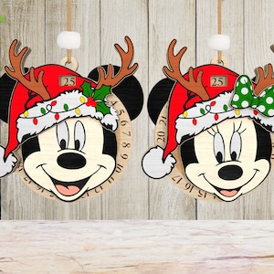 Ornement de Noël en bois compte à rebours Svg, fichier laser Happy Mouse pour Noël, dessin animé calendrier ornement Svg, décoration de Noël, fichier Glowforge