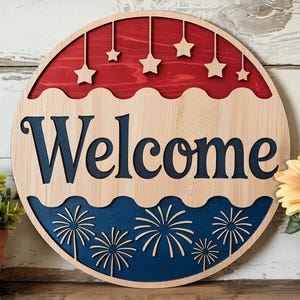 Patriotic Welcome Sign – 4th of July Red White Blue Wood Decor, Fireworks and Stars Door Hanger