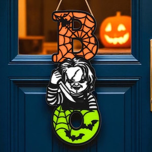 Halloween-deurhanger | Creepy Doll Boo-bord met spinnenwebben en vleermuizen | Houten deurbord horror | Enge voordeur Halloween-decor