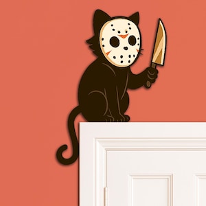 Decoración de esquina para puerta con un gato de terror adorable, decoración de esquina con gatos asesinos de dibujos animados, personajes de Halloween de gatos asesinos con cuchillos / Arte de pared divertido y espeluznante