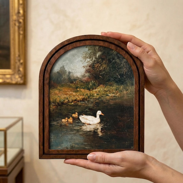 Vintage Duck Pond Oil Painting Wood Arch Frame, Farmhouse Nursery Wall Art, Rustic Country Landscape Decor, Duckling Canvas Print Gift