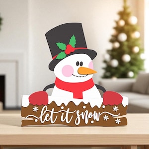 Cartello natalizio per porta / Decorazione in legno con pupazzo di neve &quot;Let It Snow&quot; / Cartello da parete per le feste invernali / Targa d&#39;ingresso natalizia in MDF stratificato