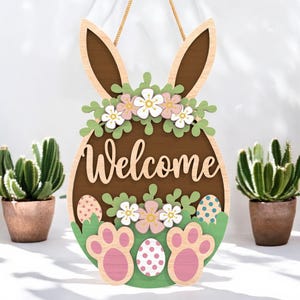 Floral Easter Welcome Sign | Wooden Spring Decoration | Easter Bunny Door Hanger  | Cute Bunny Easter Gift | Spring Home Decor