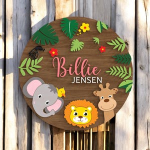 Custom Safari Animal 3D, Wood Nursery Name Sign, Personalized Elephant Jungle Large Wooden Above Crib Decor, Custom Elephant Lion