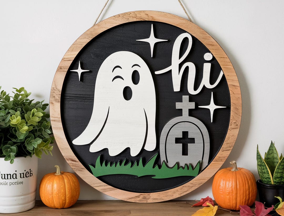 Cute Ghost Halloween Door Sign – Winking Ghost With Tombstone and Hi ...
