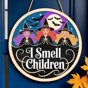 Halloween Türschild | Hexen Trio Ich rieche Kinder Schild | Cartoon Fledermäuse und Mond Wanddekor | Gruselige Herbst Dekoration