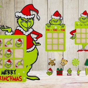 Fichier découpé au laser Noël tic tac toe Noël, grincheux Noël tic tac toe Svg, panneau en bois personnage de Noël Svg, jeu de Noël Svg