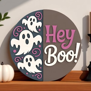 Halloween Door Sign | Hey Boo Ghost Sign | Cute Pastel Halloween Porch Decor | Pink & White Ghost Wall Art for Spooky Season