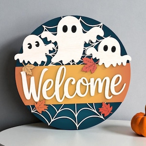 Cute Ghost Welcome Sign | Halloween Door Sign | Fall Leaves Spiderweb Decor | Wooden Round Entryway Plaque | Halloween Gift