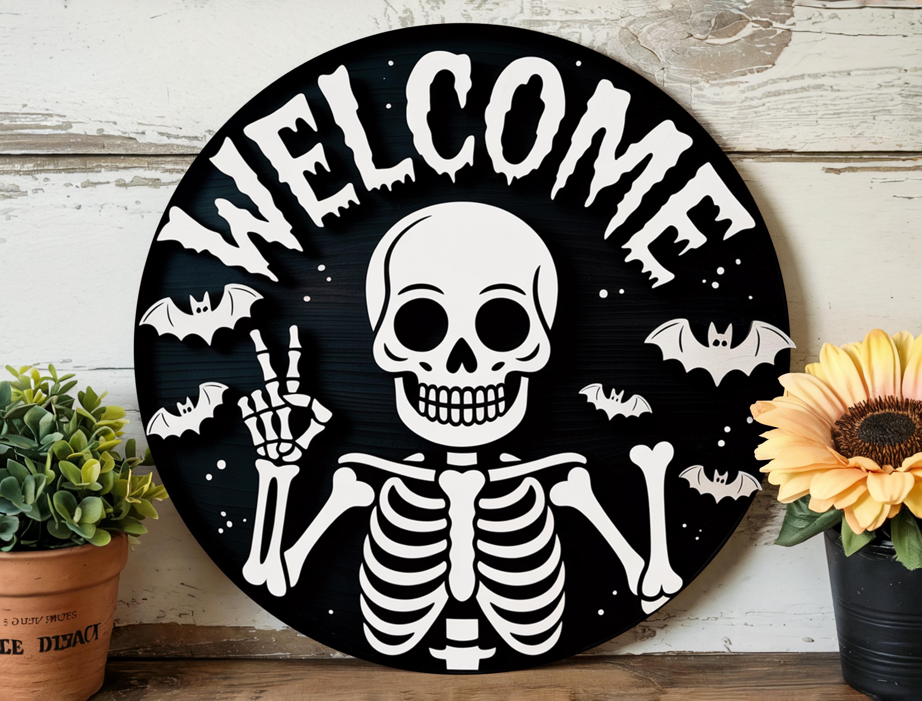 Skeleton Hello. Sign Welcome Skeleton Halloween Door Sign | Spooky Black White Skeleton Sign ...