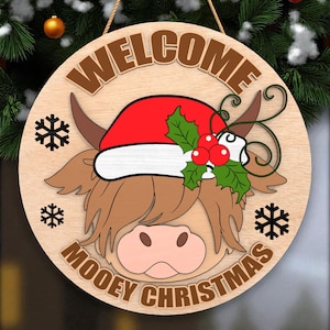 Willkommen Mooey Weihnachten Türschild | Highland Kuh Urlaub Schild mit Weihnachtsmütze | Rustikale Weihnachtstür Dekoration | Deko für die Haustür