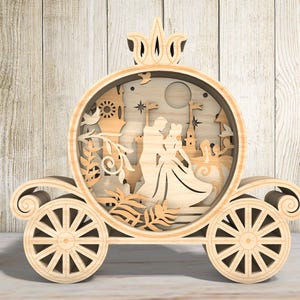 3D マルチレイヤー プリンセス デコレーション ホーム SVG、プリンセス キャリッジ シェイプ ホリデー デコレーション レーザーカット SVG、レイヤード パンプキン カート シーン SVG、Glowforge