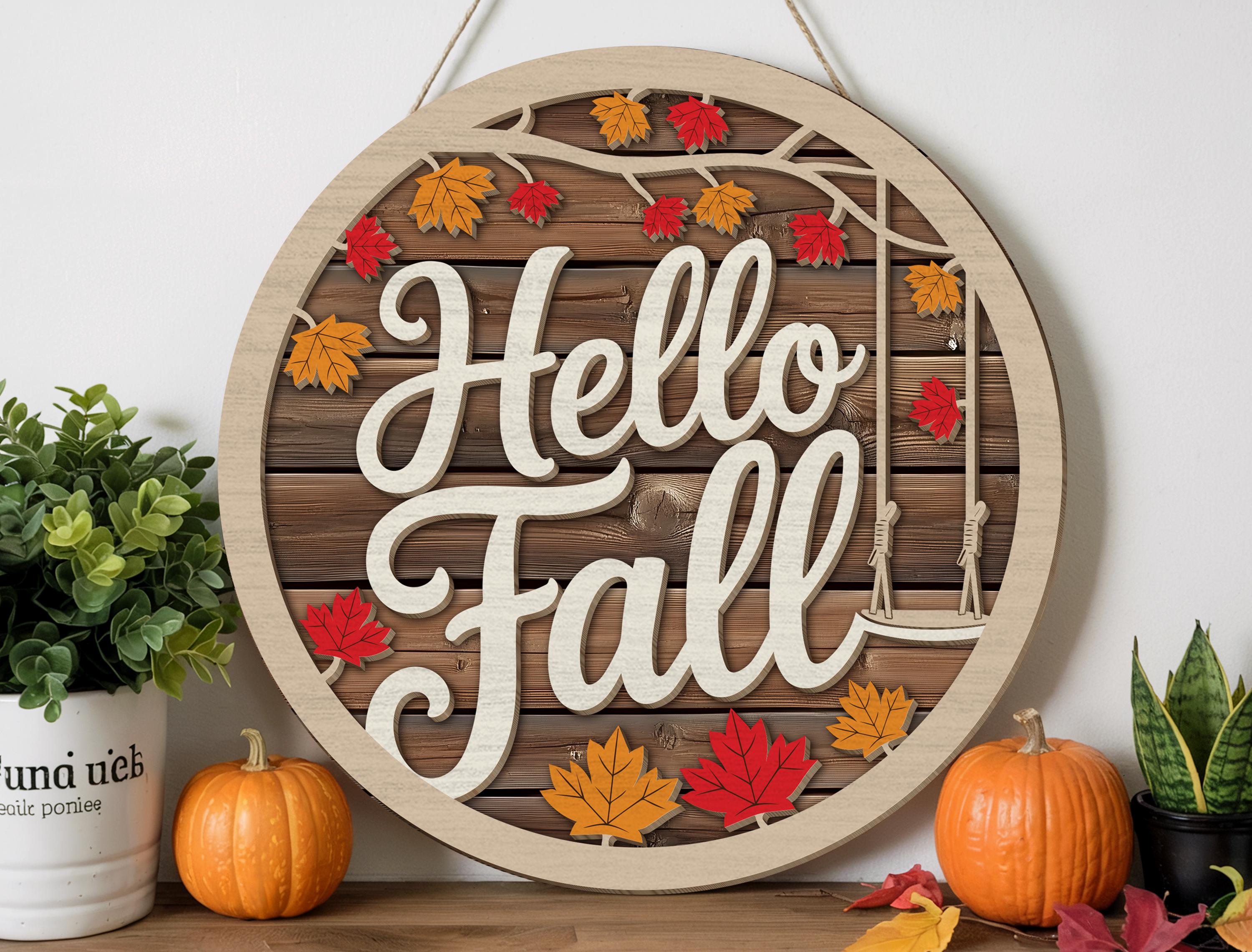 Hello Fall Sign – Rustic Wooden Round Autumn Door Hanger With Swing and ...