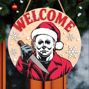 Christmas Horror Door Hanger | Creepy Santa Character with Knife | Welcome Wooden Sign with Snowflakes | Spooky Holiday Door Decor