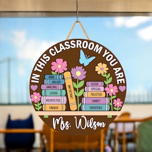 Custom Classroom Door Sign, Classroom Decor, Teacher Wooden Door Sign, Personalized Teacher Door Hanger, Book Theme Classroom Sign
