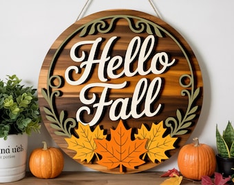 Hello fall wood round sign | rustic fall door hanger | maple leaf fall decor | laser cut autumn sign | layered wood fall wreath