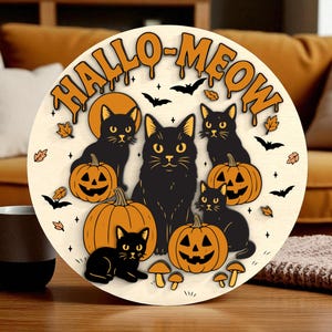 Cartello per porta &quot;Hello-Meow&quot; / Cartello con zucca di Halloween con gatto / Carini gatti neri con zucche di Halloween / Decorazione da parete in legno per portico di Halloween