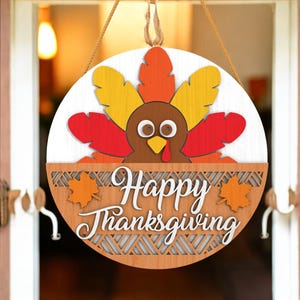 Thanksgiving Door Hanger Happy Turkey Sign | Fall Round Porch Decor with Colorful Feathers | Cute Autumn Front Door Accent