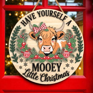 Türschild Weihnachten | Mooey Kleines Weihnachtsschild | Highland Kuh mit Feiertagskranz | Lustige Holz-Haustür-Dekor