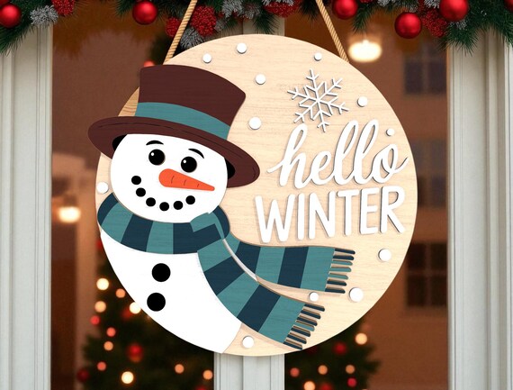 素朴な雪だるまのクリスマスドアハンガー：Hello Winter 木製サイン