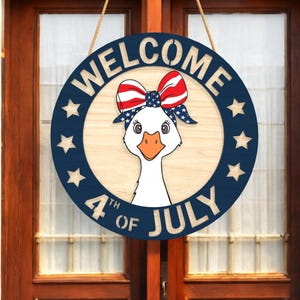 Colgador de puerta del 4 de julio, decoración patriótica para puerta de entrada, colgador de puerta del Día de los Caídos, colgador de porche con diseño de ganso americano, letrero de ganso para puerta