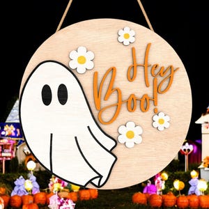Halloween Door Hanger Hey Boo Ghost Sign | Cute Ghost with Daisies Fall Decor | Pastel Spooky Season Wall Art | Funny Halloween Porch Sign