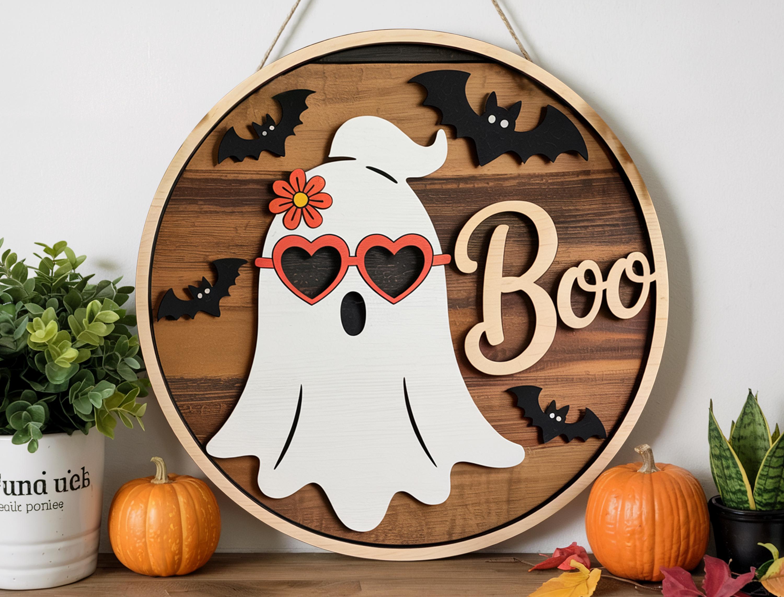 Boo Ghost Sign with Heart Glasses – Cute Halloween Wooden Door Hanger with Bats, Rustic Round Fall Porch Decor