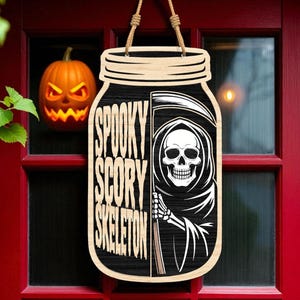 Halloween-deurhanger | Houten bord &#39;Spooky Scary Skeleton&#39; | Magere Hein in Mason Jar | Spookhuisdecoratie griezelige deur