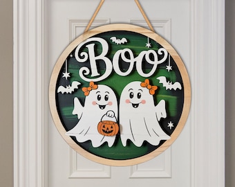 Hey Boo! Cartello Di Legno Per Porta A Forma Di Zucca Con Bassotto – Decorazione Di Halloween Con Fantasma, Scheletro E Ragnatela - 5