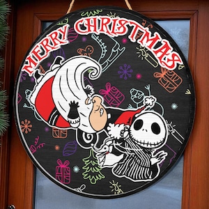 Gothic Christmas Door Hanger | Merry Christmas Round Sign with Cartoon Skeleton | Dark Holiday Front Door Decor | Funny Creepy Xmas Welcome