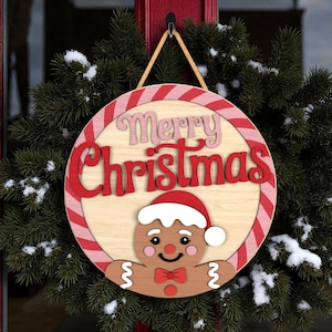 Christmas Door Hanger | Gingerbread Man “Merry Christmas” Wooden Holiday Sign | Cute Front Door Decor | Festive Xmas Gift