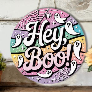 Hey Boo Halloween Door Sign | Cute Ghost Wall Decor | Pastel Halloween Hanging Sign | Spooky Fall Home Decor