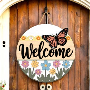 Floral Door hanger, Door hanger for summer, Butterfly Welcome Sign, Spring Summer Porch Decor, Farmhouse Garden Welcome Round