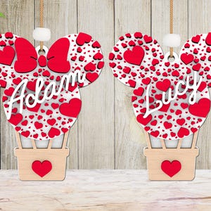 Personalized Happy Valentine's Day Basket Tag Ornament Svg, Hot Air Balloon Cartoon Svg, Cartoon Valentine Svg, Valentine Glowforge File