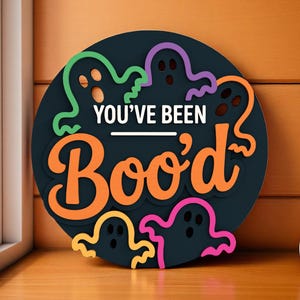 Halloween Door Sign | You‘ve Been Boo’d Ghost Plaque | Multicolor Ghost Round Wall Art | Cute Halloween Gift