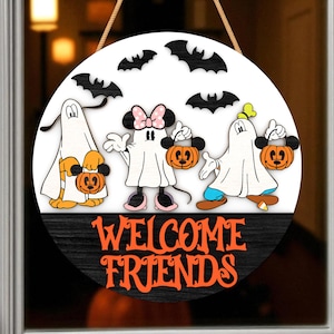 Halloween Door Hanger, Welcome Friends Sign, Ghost Characters with Pumpkin Buckets, Cute Wooden Round Sign, Trick or Treat Kids Decor