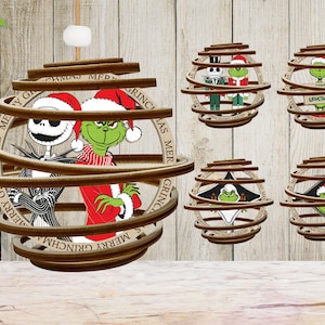 Spiraal Grinch ornament Svg, Merry Grinchmas Lasercut bestand Svg, Merry Christmas stripfiguur Svg, houten kerstman Grinch Home Decor kerstbal
