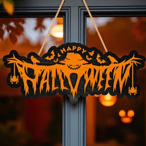 Deurhanger Halloween: houten bord vogelverschrikker, pompoen en spin