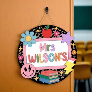 Custom Classroom Door Sign | Cute Retro Name Sign for Classroom | Pastel Rainbow Apple Design | Gift for Teacher Back to School