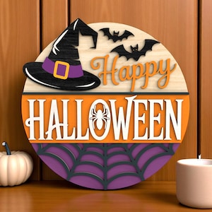 Halloween Door Hanger | Happy Halloween Witch Hat Sign | Cute Spider Bat Wall Decor | Multilayer Round Porch Decoration