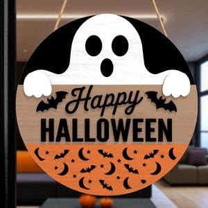 Cute Ghost Halloween Door Hanger | Round Wooden “Happy Halloween” Welcome Plaque | Kid-Friendly Spooky Bat & Moon Decor