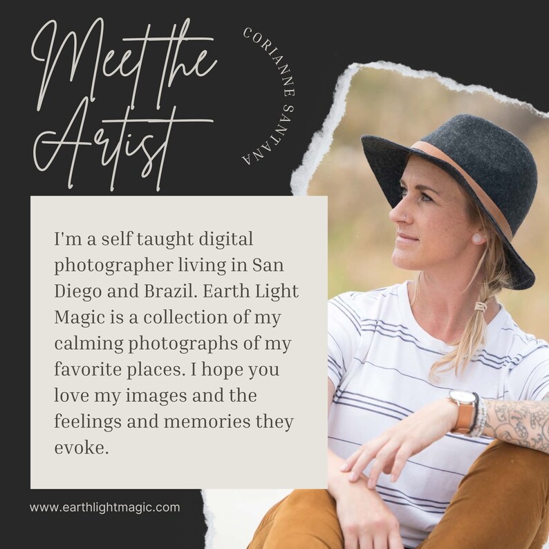 May include: Graphic with text "Meet the Artist" and "Corianne Santana." A woman wearing a hat and striped shirt is featured. The text describes the artist as a digital photographer based in San Diego and Brazil, with a collection of calming photographs.