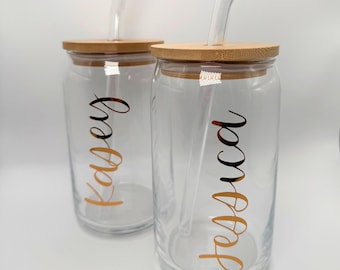 Tasse à canette en verre personnalisée : tasse à café glacée personnalisée de 16 oz avec couvercle en bambou