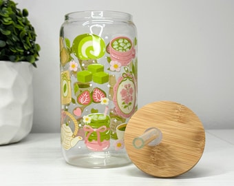 Tasse en verre Matcha Lover de 16 oz avec couvercle en bambou et paille, gobelet à café glacé