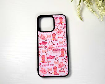 Coque iPhone rose cowgirl disco : style occidental de l'an 2000