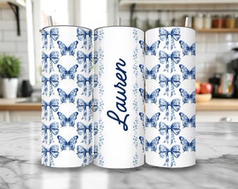 Personalized Chinoiserie Tumbler: Blue Floral Stainless Steel 20oz