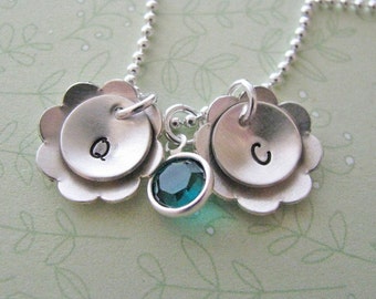 custom double flower initial necklace - hand stamped silver