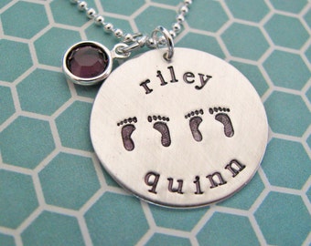 custom twins necklace with names and footprints